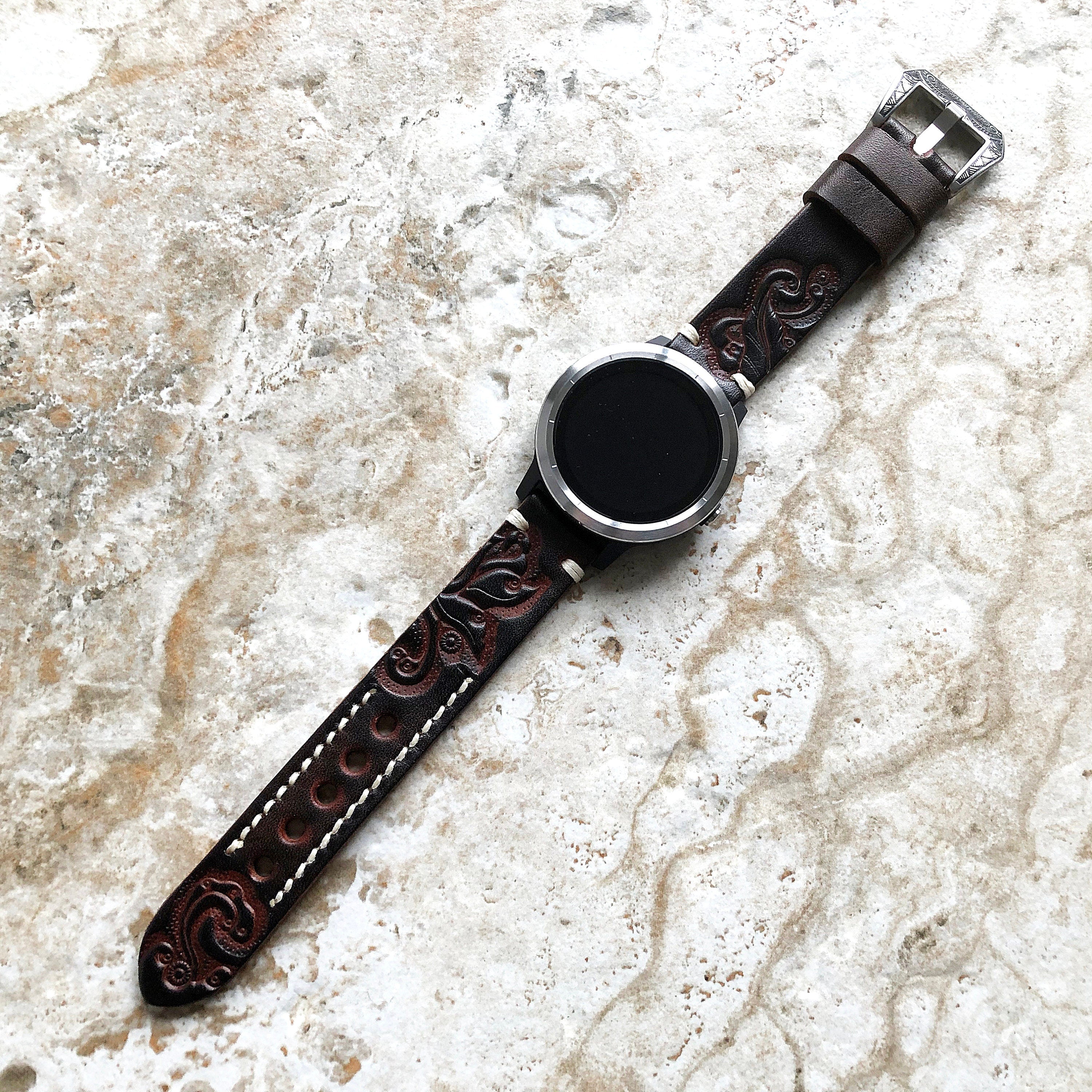 Dark Brown Band Compatible with Garmin D2 Air X10 Venu 2 Plus Venu Sq 2 Music Tooled Embossed Handmade Leather Strap Pins Buckle Tool B20